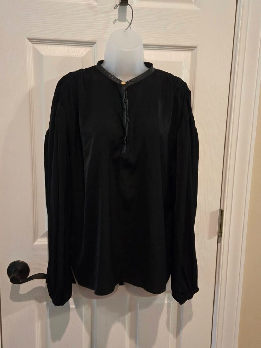Emily McCarthy Black Long Sleeve Blouse With Leather Placket Size Small
